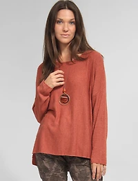 Ultra-Soft Drop Shoulder Long Sleeve Knit Top with Necklace by Froccella
