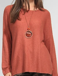 Ultra-Soft Drop Shoulder Long Sleeve Knit Top with Necklace by Froccella