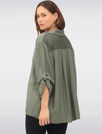 Flowy Solid 3/4 Sleeve Shirt with Crochet Trim Detail at the Back by Froccella