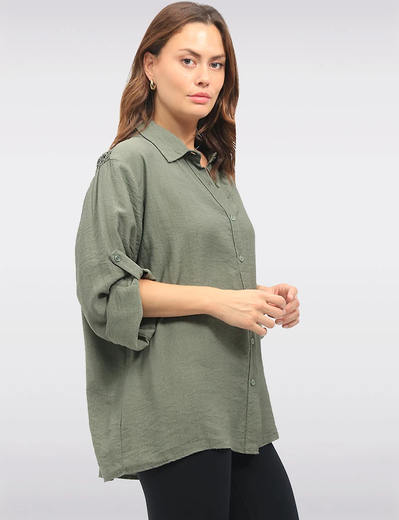 Flowy Solid 3/4 Sleeve Shirt with Crochet Trim Detail at the Back by Froccella