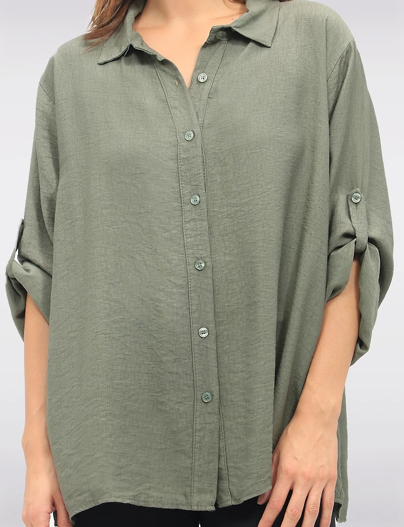 Flowy Solid 3/4 Sleeve Shirt with Crochet Trim Detail at the Back by Froccella