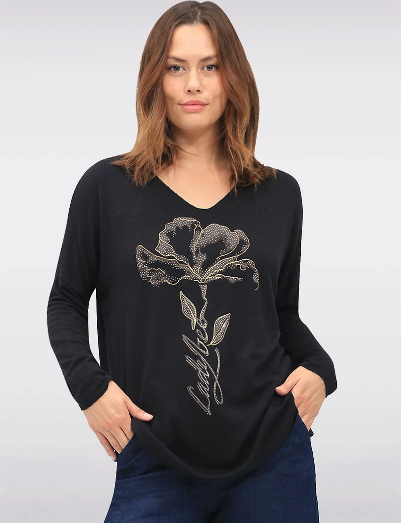 Flower Design Long Sleeve V-Neck Knit Top with Rhinestone Accents by Froccella