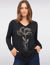 Flower Design Long Sleeve V-Neck Knit Top with Rhinestone Accents by Froccella