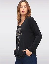 Flower Design Long Sleeve V-Neck Knit Top with Rhinestone Accents by Froccella