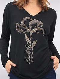 Flower Design Long Sleeve V-Neck Knit Top with Rhinestone Accents by Froccella