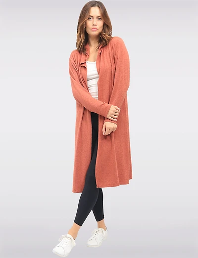Casual Long Hooded Stretch Knit Shrug with Draped Open Front by Froccella