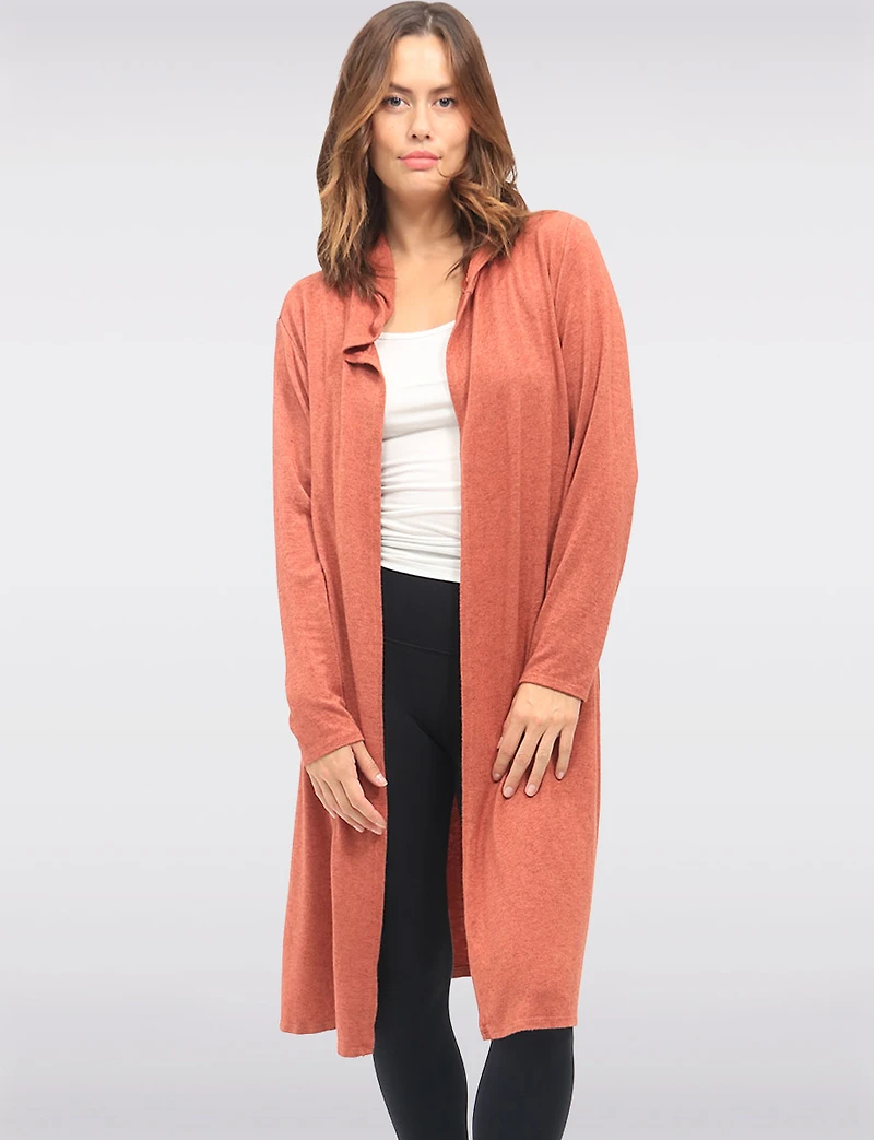 Casual Long Hooded Stretch Knit Shrug with Draped Open Front by Froccella