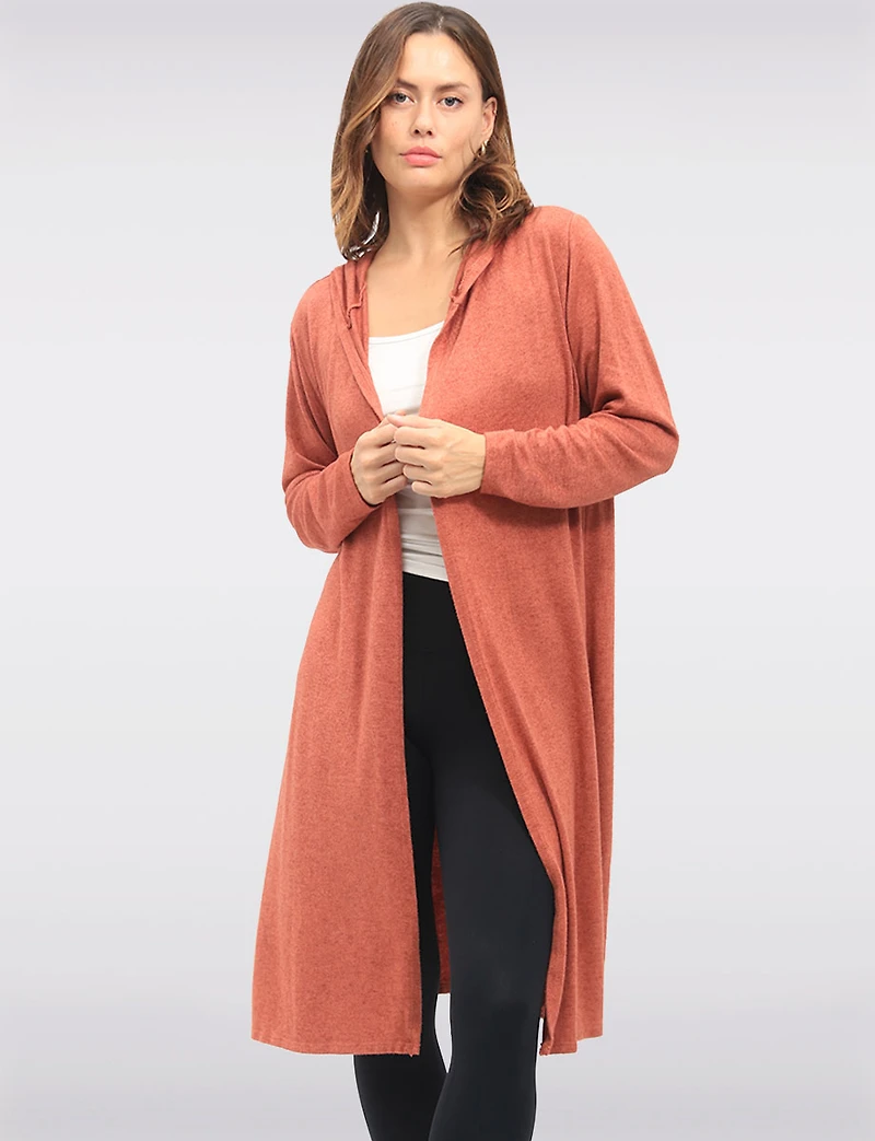 Casual Long Hooded Stretch Knit Shrug with Draped Open Front by Froccella