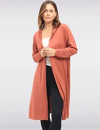Casual Long Hooded Stretch Knit Shrug with Draped Open Front by Froccella