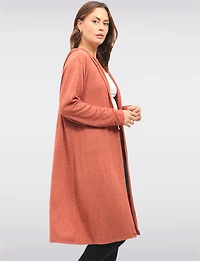 Casual Long Hooded Stretch Knit Shrug with Draped Open Front by Froccella