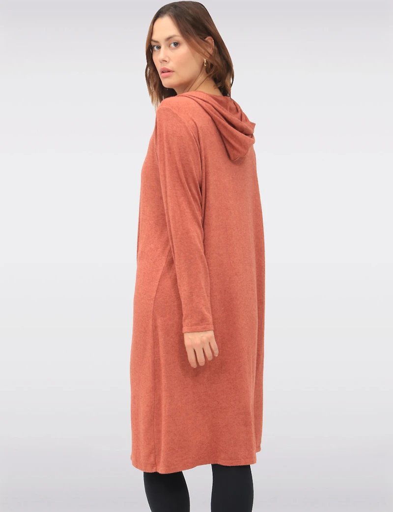 Casual Long Hooded Stretch Knit Shrug with Draped Open Front by Froccella