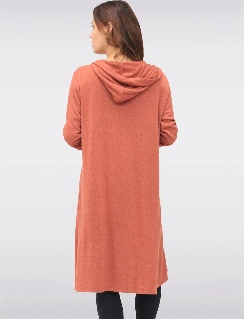 Casual Long Hooded Stretch Knit Shrug with Draped Open Front by Froccella