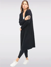 Casual Long Hooded Stretch Knit Shrug with Draped Open Front by Froccella