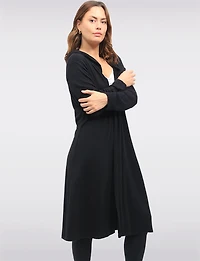 Casual Long Hooded Stretch Knit Shrug with Draped Open Front by Froccella