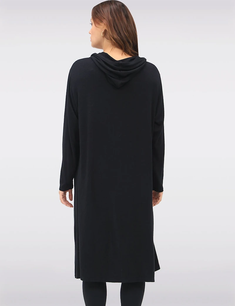 Casual Long Hooded Stretch Knit Shrug with Draped Open Front by Froccella