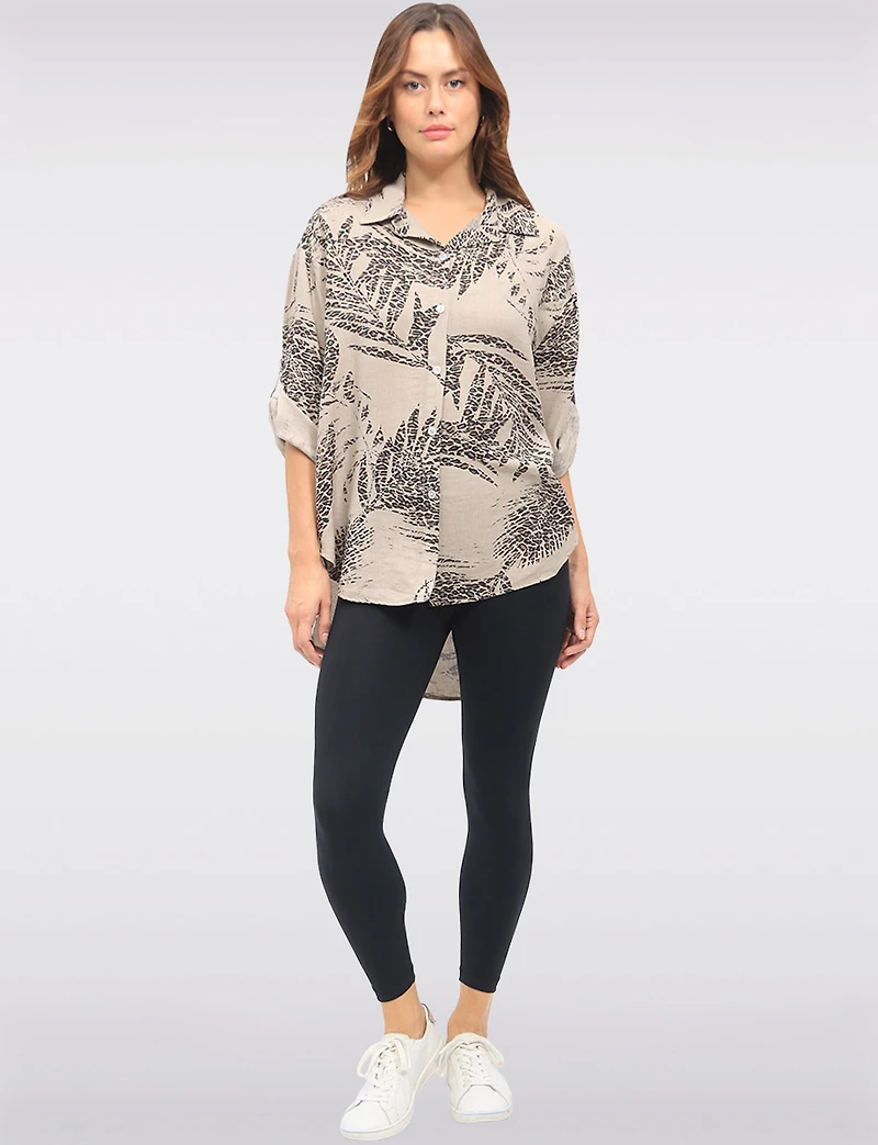 High-Low Bold Leopard Print Shirt with Collar & 3/4 Sleeves by Froccella