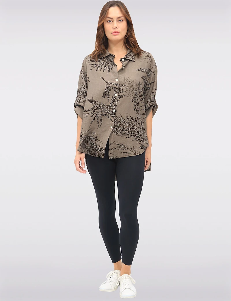High-Low Bold Leopard Print Shirt with Collar & 3/4 Sleeves by Froccella