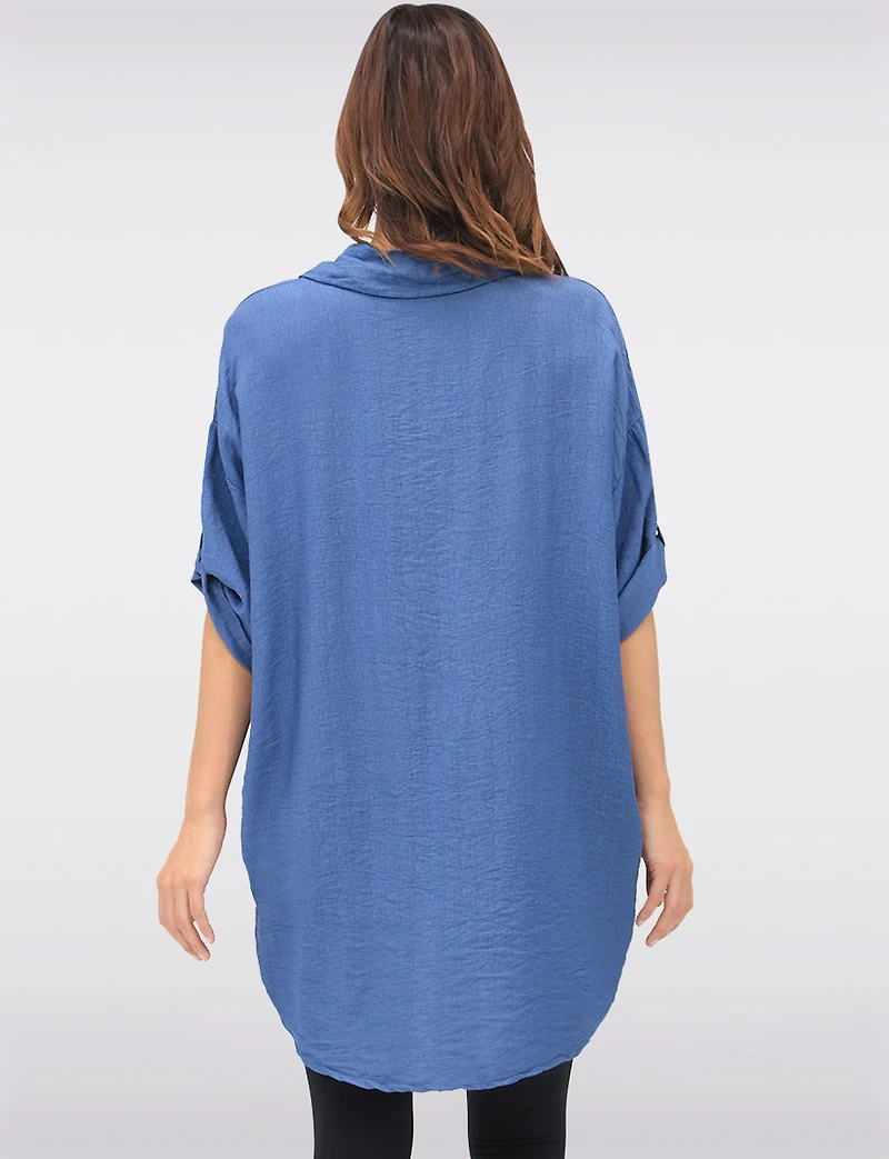 Elegant Button-Up High-Low Floral Appliqué Blouse with 3/4 Sleeves by Froccella