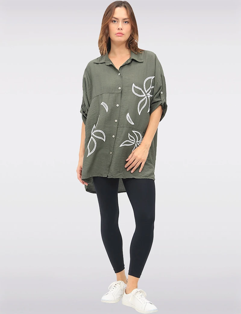 Elegant Button-Up High-Low Floral Appliqué Blouse with 3/4 Sleeves by Froccella