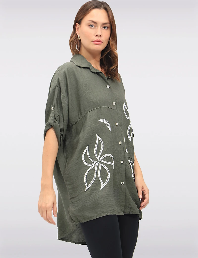 Elegant Button-Up High-Low Floral Appliqué Blouse with 3/4 Sleeves by Froccella