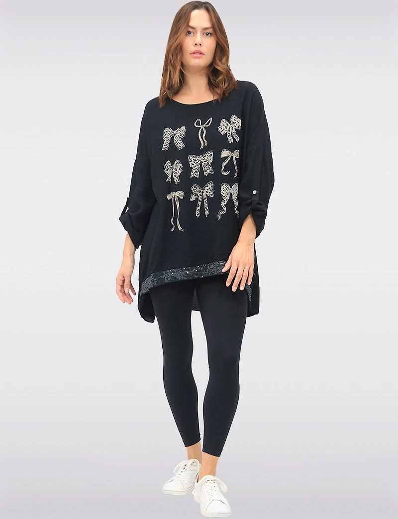 Sequin Bow & Cheetah Print High-Low Top with Adjustable Sleeves by Froccella