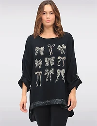 Sequin Bow & Cheetah Print High-Low Top with Adjustable Sleeves by Froccella