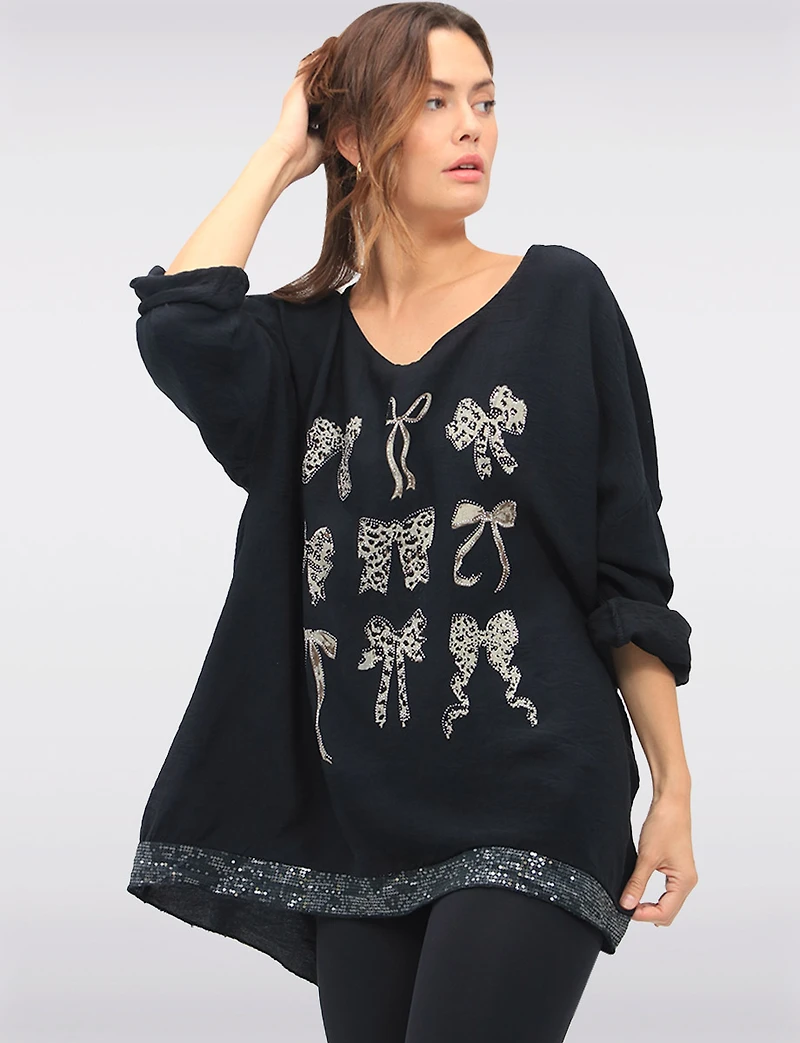 Sequin Bow & Cheetah Print High-Low Top with Adjustable Sleeves by Froccella