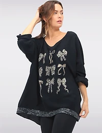 Sequin Bow & Cheetah Print High-Low Top with Adjustable Sleeves by Froccella