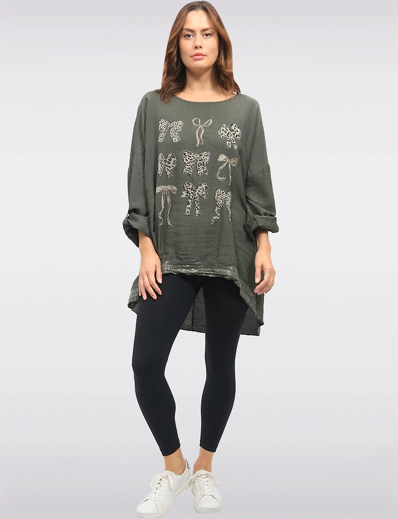 Sequin Bow & Cheetah Print High-Low Top with Adjustable Sleeves by Froccella