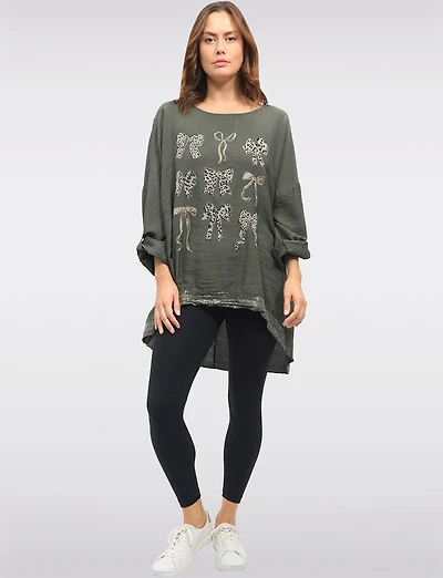 Sequin Bow & Cheetah Print High-Low Top with Adjustable Sleeves by Froccella