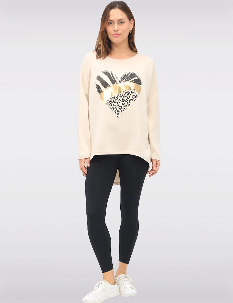 Casual Relaxed Fit Gold Foil Heart Design Top with Long Sleeves by Froccella