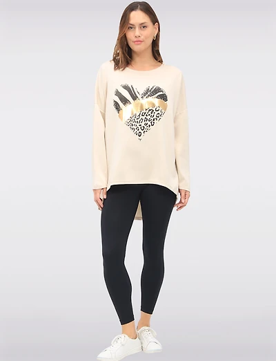 Casual Relaxed Fit Gold Foil Heart Design Top with Long Sleeves by Froccella