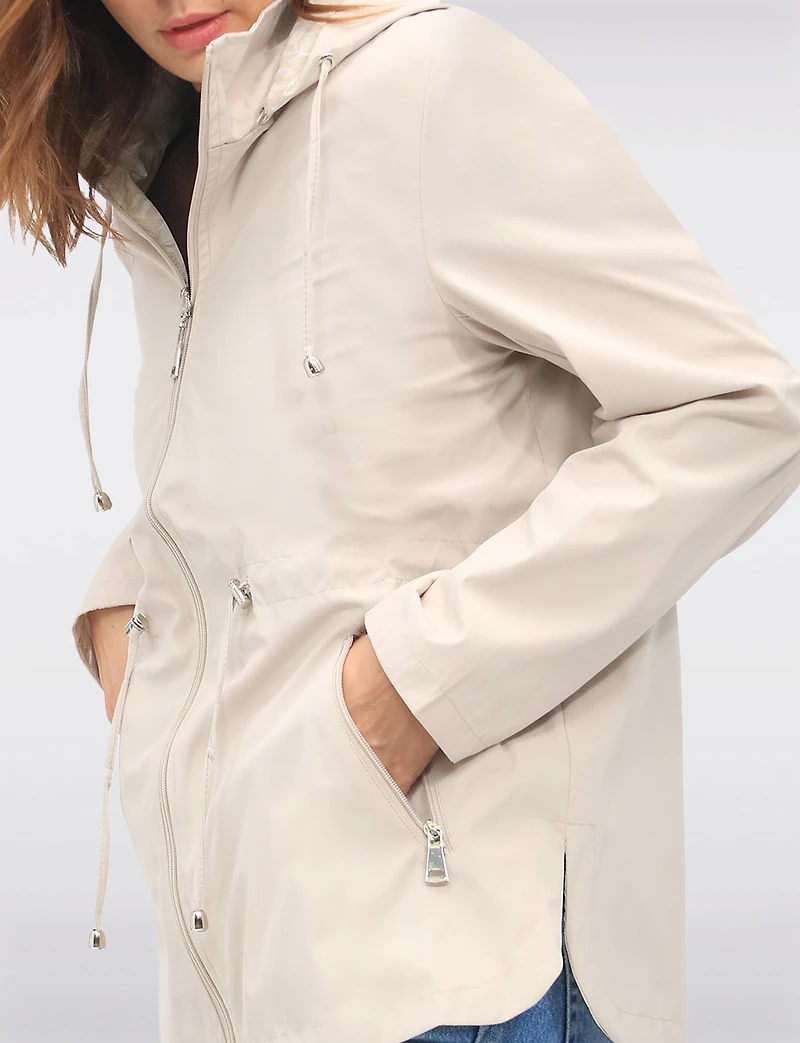 Reversible Cinch-Waist Hooded Anorak with Solid/Floral Pattern by Froccella