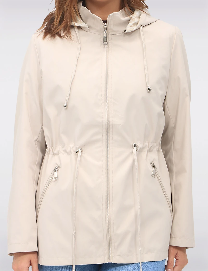 Reversible Cinch-Waist Hooded Anorak with Solid/Floral Pattern by Froccella