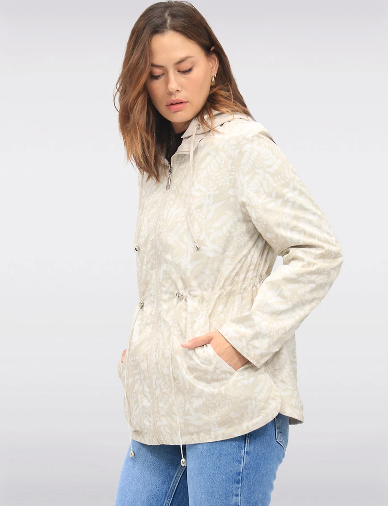 Reversible Cinch-Waist Hooded Anorak with Solid/Floral Pattern by Froccella