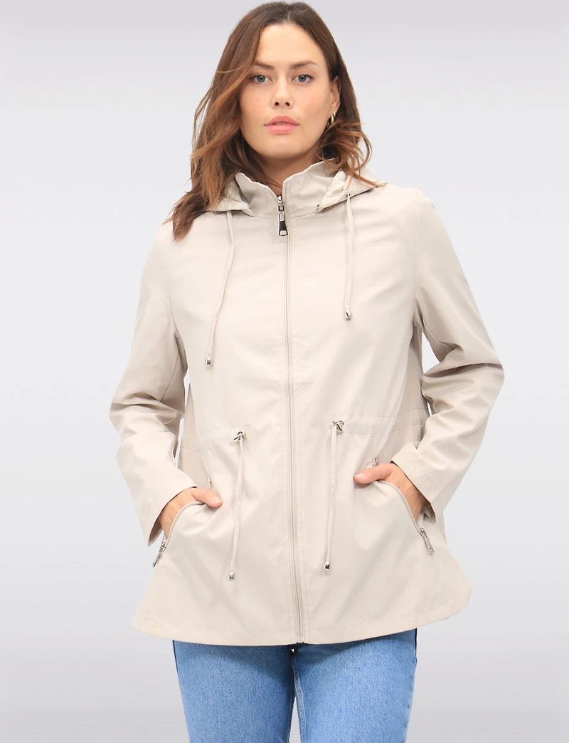 Reversible Cinch-Waist Hooded Anorak with Solid/Floral Pattern by Froccella
