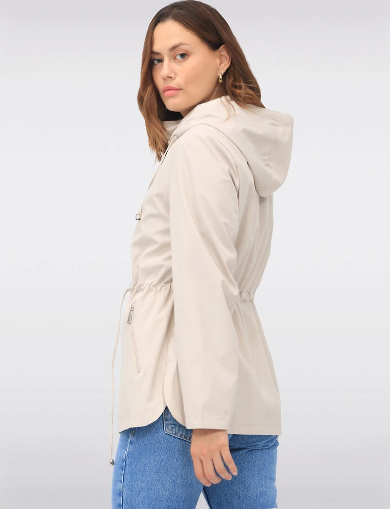 Reversible Cinch-Waist Hooded Anorak with Solid/Floral Pattern by Froccella