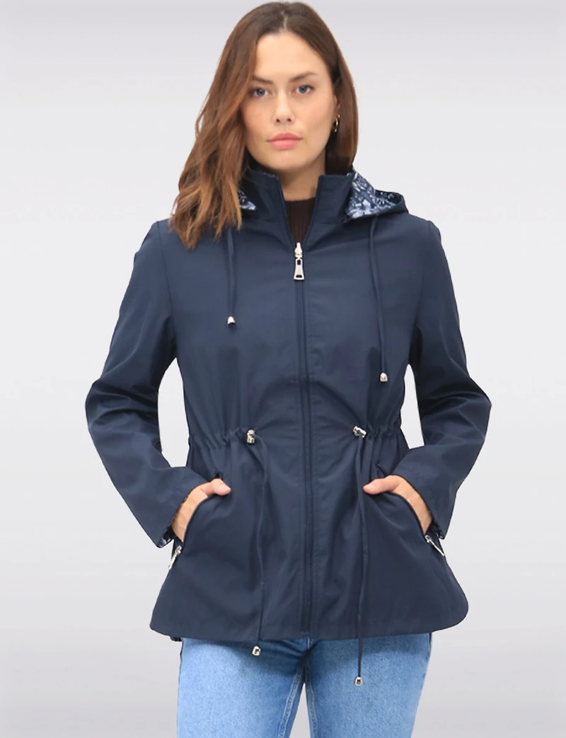 Reversible Cinch-Waist Hooded Anorak with Solid/Floral Pattern by Froccella