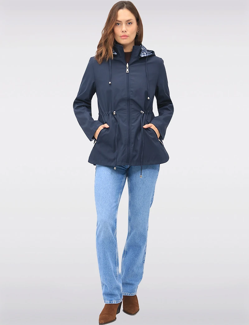 Reversible Cinch-Waist Hooded Anorak with Solid/Floral Pattern by Froccella