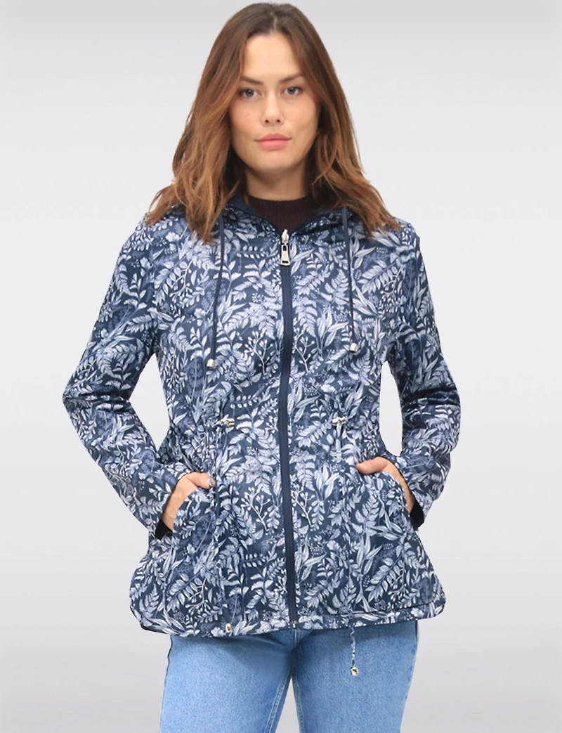 Reversible Cinch-Waist Hooded Anorak with Solid/Floral Pattern by Froccella