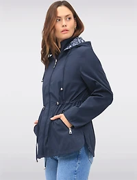 Reversible Cinch-Waist Hooded Anorak with Solid/Floral Pattern by Froccella