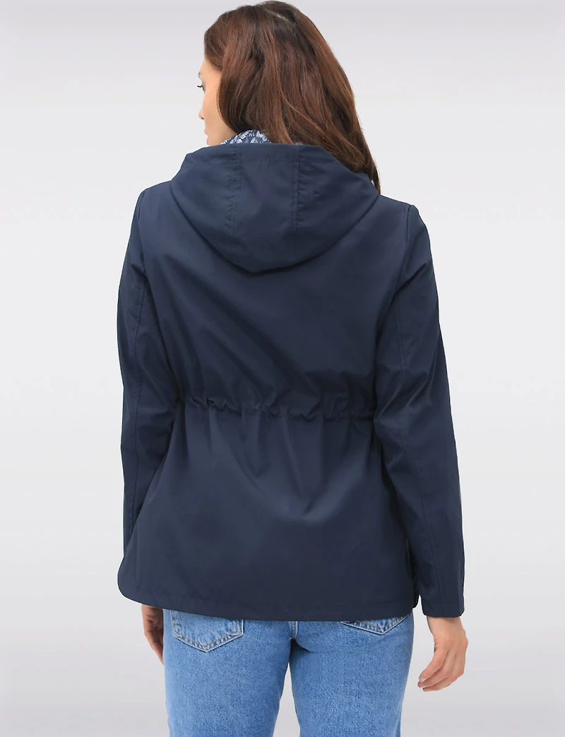 Reversible Cinch-Waist Hooded Anorak with Solid/Floral Pattern by Froccella