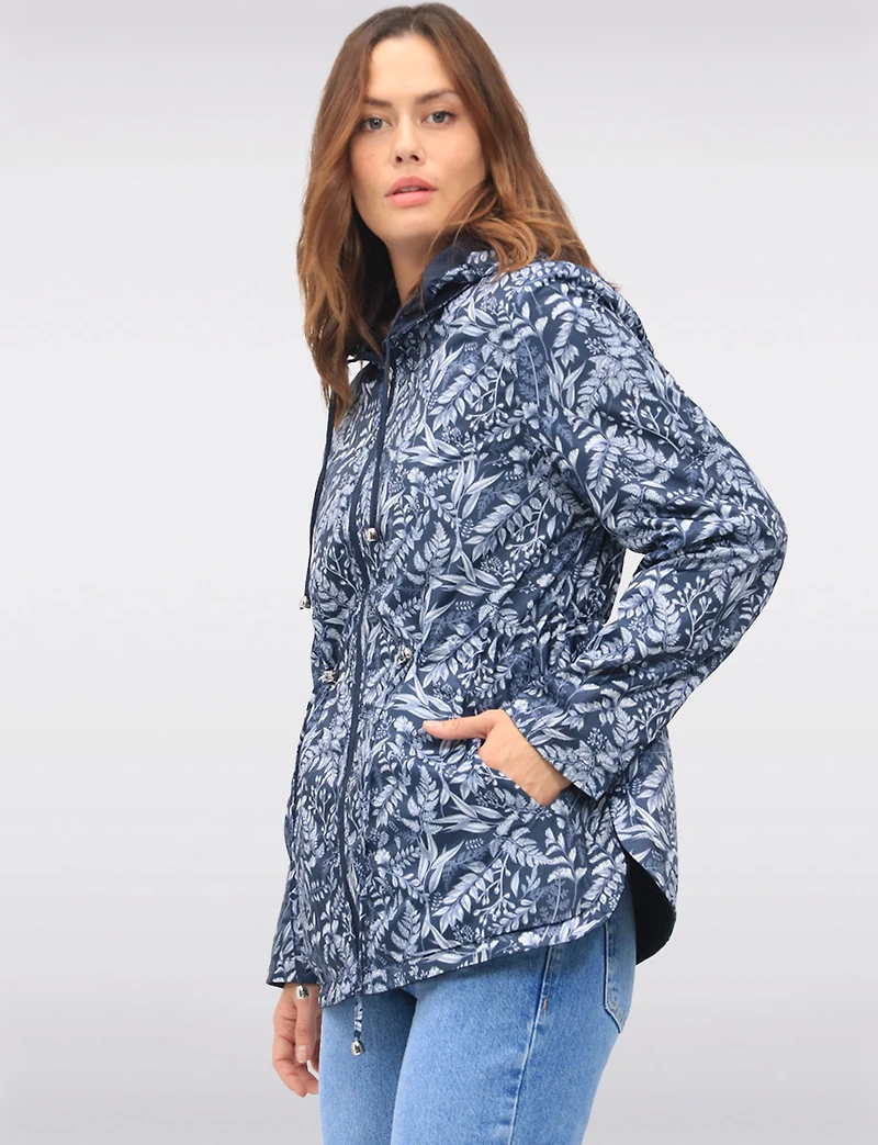 Reversible Cinch-Waist Hooded Anorak with Solid/Floral Pattern by Froccella