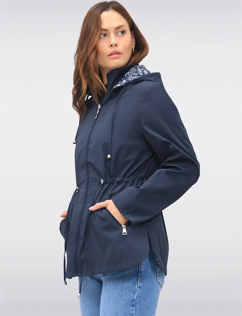 Reversible Cinch-Waist Hooded Anorak with Solid/Floral Pattern by Froccella