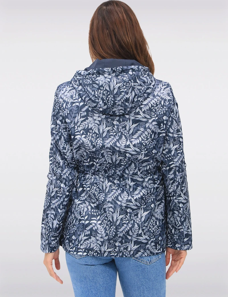 Reversible Cinch-Waist Hooded Anorak with Solid/Floral Pattern by Froccella