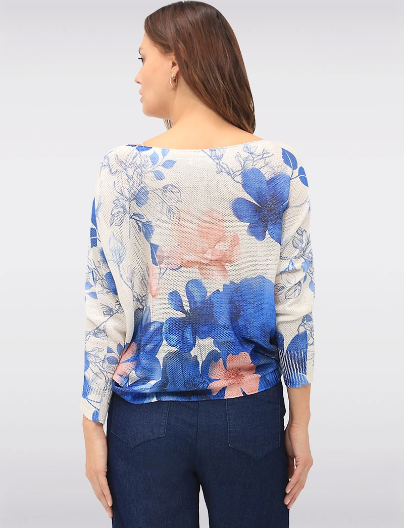 Chic Floral Print Knit Top with 3/4 Dolman Sleeves and Boatneck by Froccella