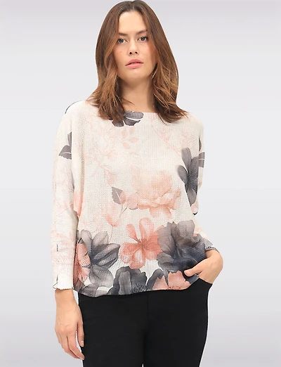 Chic Floral Print Knit Top with 3/4 Dolman Sleeves and Boatneck by Froccella