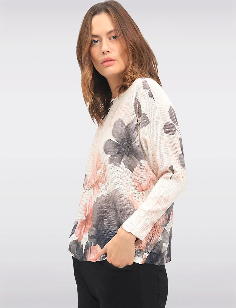 Chic Floral Print Knit Top with 3/4 Dolman Sleeves and Boatneck by Froccella