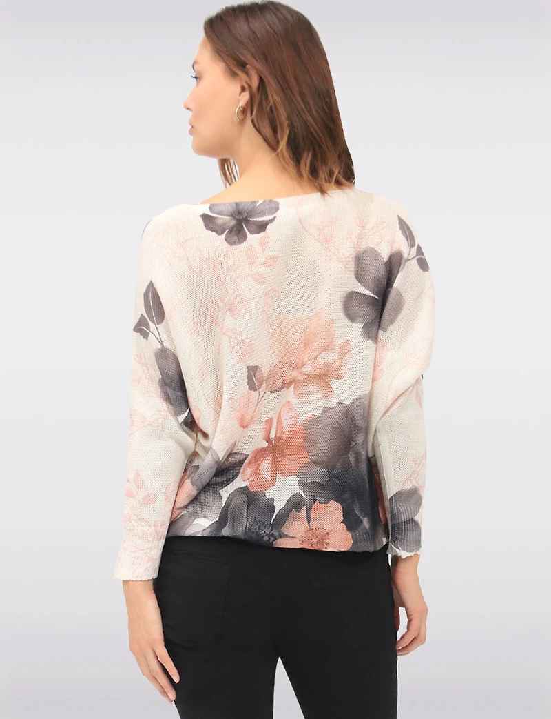 Chic Floral Print Knit Top with 3/4 Dolman Sleeves and Boatneck by Froccella