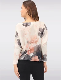 Chic Floral Print Knit Top with 3/4 Dolman Sleeves and Boatneck by Froccella